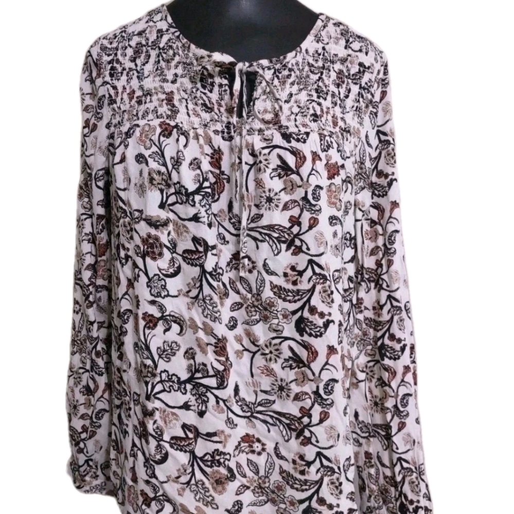 Lucky Brand Long Sleeve Smocked Blouse S Ivory & Brown Floral Boho Peasant NWT